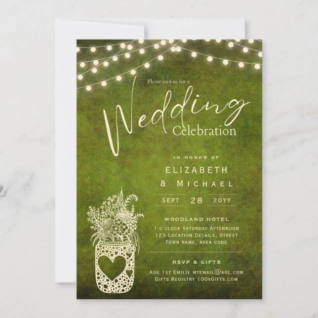 Invitation Vert Rustique Mason Jar Mariage DIGITAL Imprimer (Devant)
