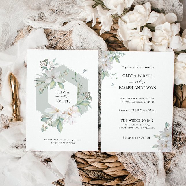 Invitation Vert sage | Eucalyptus et Magnolia Mariage (Créateur téléchargé)