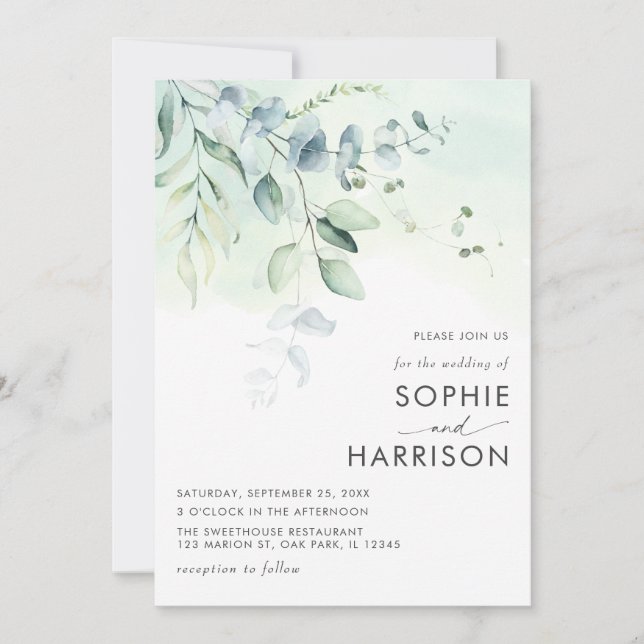 Invitation Vert Sage Eucalyptus Verdure Tout en un Mariage (Devant)
