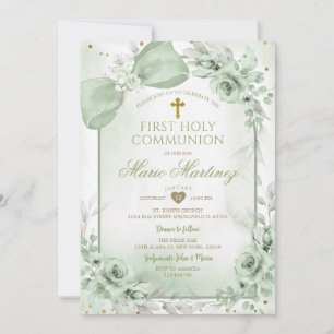Invitation Vert sage floral garçon croix première communion