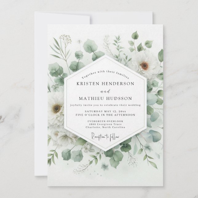 Invitation Vert sage mariage flore sereine (Devant)