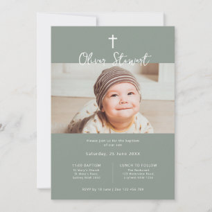 Invitation Vert sage minimaliste photo baptême baptême