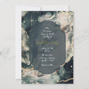 Invitation Vert sarcelle Crème Aquarelle Or Mariage Céleste