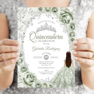 Invitation Vert sauge argent Quinceanera floral