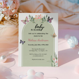 Invitation Vert Sauge Bébé en Fleur Papillon Baby Shower