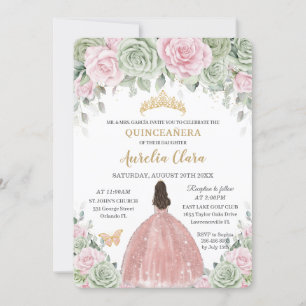 Invitation Vert sauge Bébé Rose Floral Rose Or Quinceañera