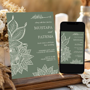 Invitation Vert sauge Crème Mehndi Henna Mariage Musulman