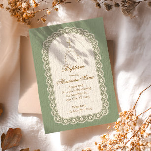 Invitation Vert sauge dentelle arche baptême