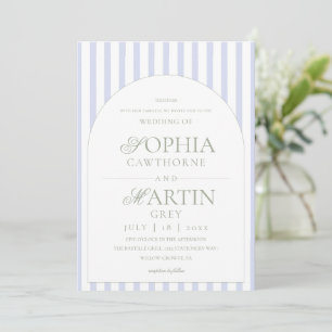 Invitation Vert sauge et bleu rayé Élégant Mariage Classique 