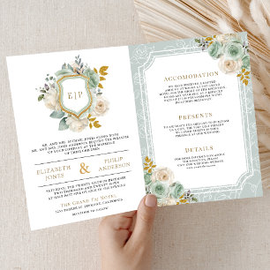 Invitation Vert sauge et floral ivoire tout en un mariage Cre