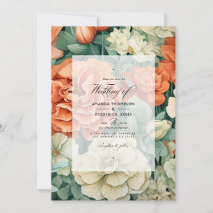 Invitation Vert sauge et floral mariage terre cuite claire
