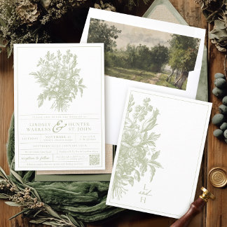 Invitation Vert sauge Fleurs Vintage Élégant Mariage de Jardi