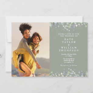 Invitation Vert sauge floral lilas Greenery 2 Photo Mariage