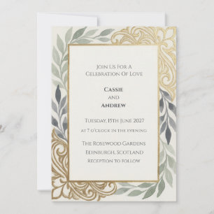 Invitation Vert sauge floral mariage défilement doré