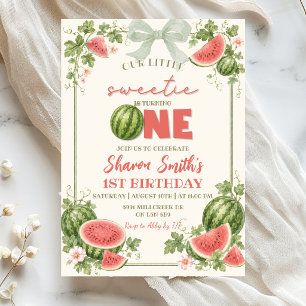 Invitation Vert sauge floral Pastèque Premier Anniversaire
