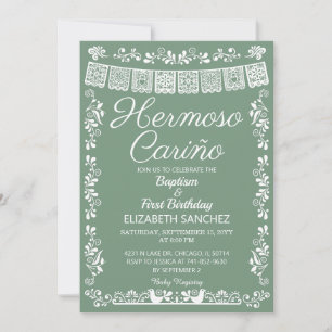 Invitation Vert Sauge Hermoso Cariño Baptême & Premier Annive