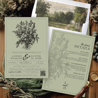 Invitation Vert sauge Mariage Bohème Floral Vintage Tout-En-U