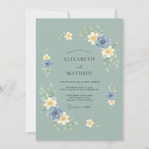 Invitation Vert sauge mariage rose aquarelle atténuée
