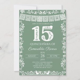 Invitation Vert sauge Papel Picado Quinceañera 15e anniversai