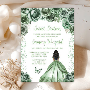 Invitation Vert sauge Princesse à peau foncée Sweet Sixteen