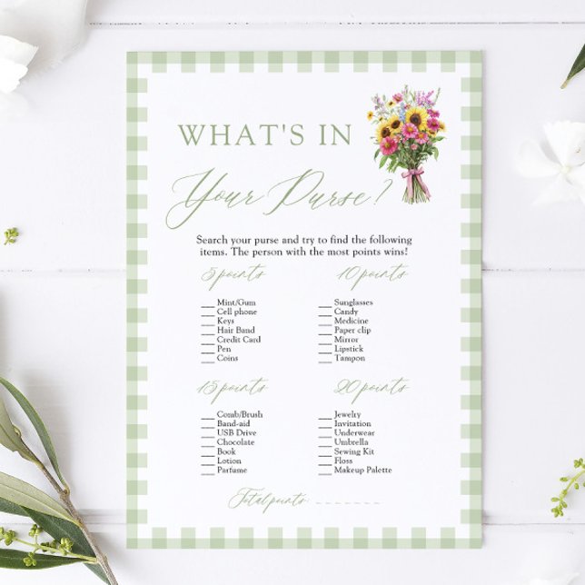 Invitation Vert sauge Que contient votre sac à main ? Jeu de  (Sage Green What's In Your Purse Bridal Shower Game)