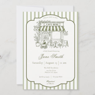 Invitation Vert sauge rayé Café Bébé Baby Shower