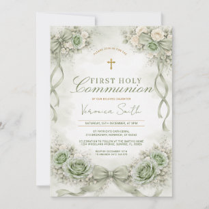 Invitation Vert sauge ruban floral Première Sainte Communion