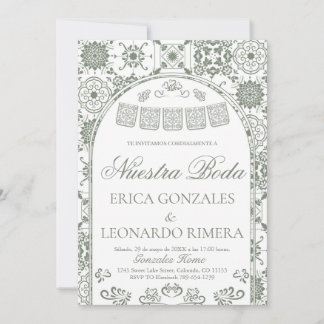 Invitation Vert Sauge Talavera Papel Picado Mariage Espagnol