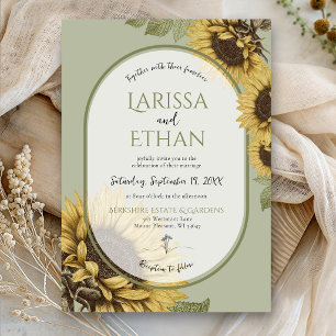 Invitation Vert Sauge Tournesol Vintage Simple Mariage d'Auto