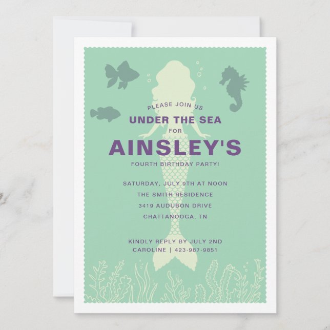 Invitation Vert sous la mer Sirène Anniversaire (Devant)