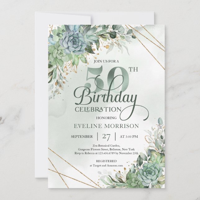 Invitation Vert succulents eucalyptus faux or 50e (Devant)