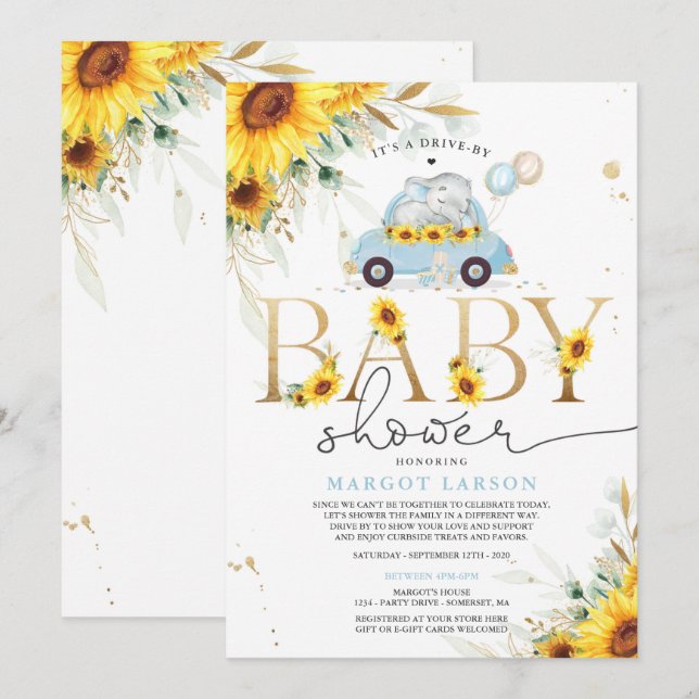 Invitation Vert Sunflower Elephant Drive Par Baby shower (Devant / Derrière)