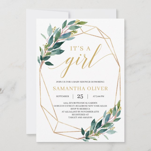 Invitation Vert tendance eucalyptus or feuille c'est une fill (Devant)