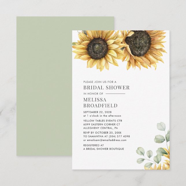 Invitation Vert tournesol Aquarelle Fête des mariées florale (Devant / Derrière)
