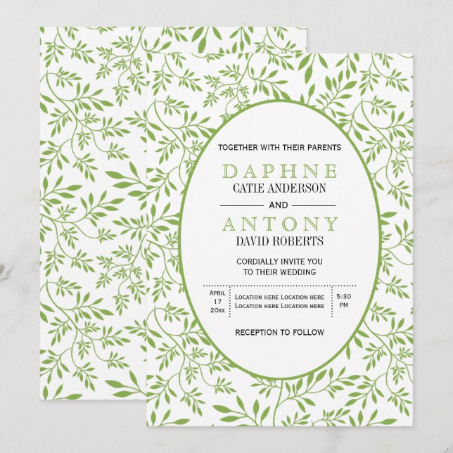 Invitation Vert vert feuille motif mariage  (Devant / Derrière)