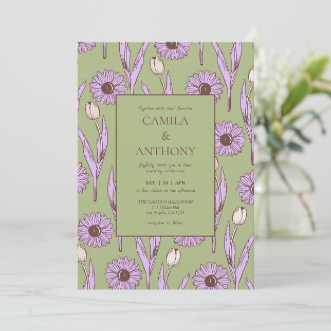 Invitation Vert violet rétro Y2K Funky Hippie Flower Motif (Debout devant)