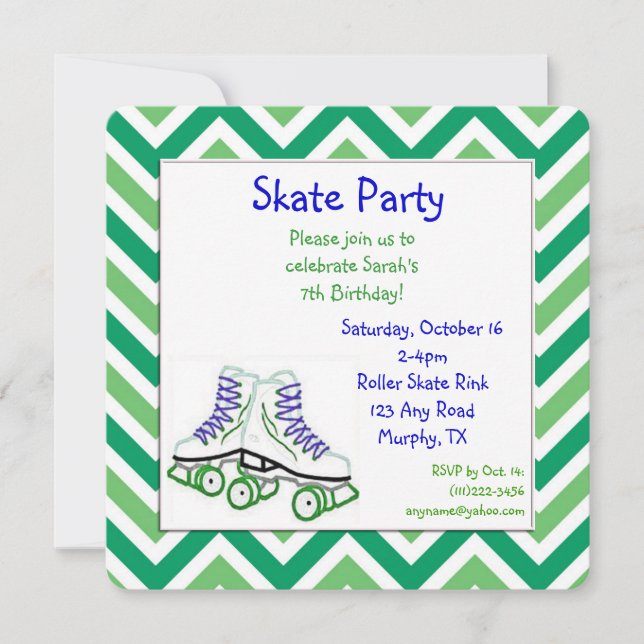 Invitation verte et bleue d'anniversaire de patin (Devant)