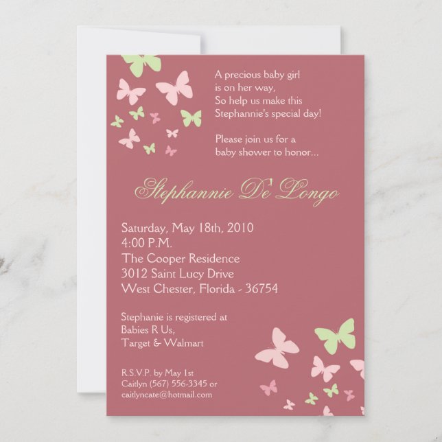 invitation verte rose de baby shower du papillon (Devant)