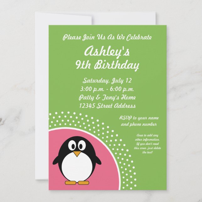 Invitation verte rose de fête d'anniversaire de (Devant)