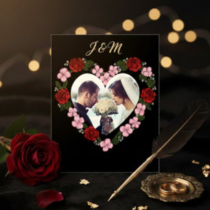 Invitation Vertical Black Gold Wedding Rose Heart