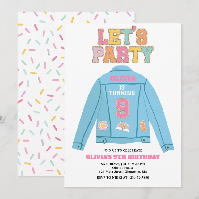 Invitation Veste en jean Preppy Patch 9E Anniversaire (Devant / Derrière)