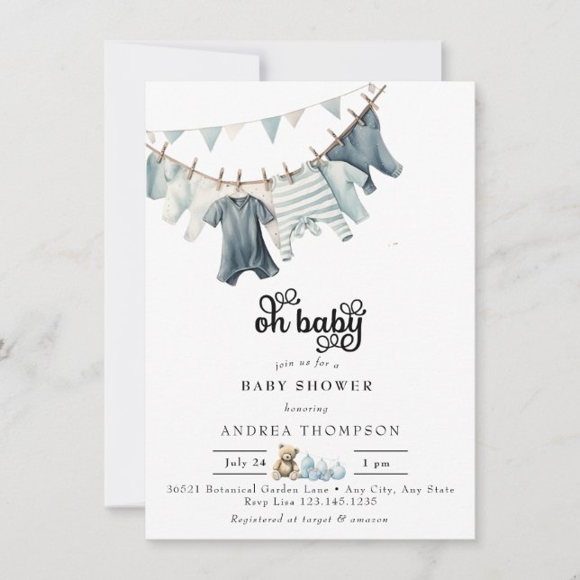 Invitation Vêtements Bébés Bleus | Aquarelle bébé garçon douc (Devant)