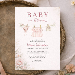 Invitation Vêtements de bébé en fleurs Corde à linge Rose Béb