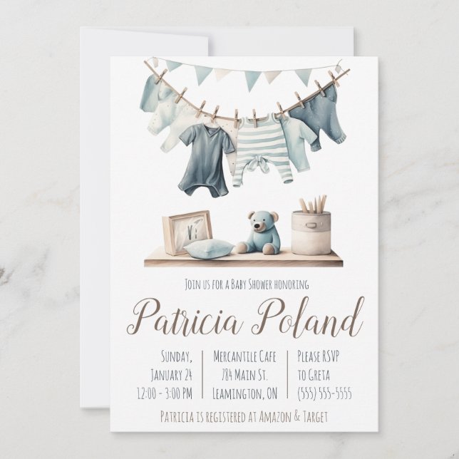 Invitation Vêtements de bébé garçon sur Baby shower de ligne  (Devant)