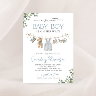 Invitation Vêtements de bébé garçon sur un fil à linge Baby S
