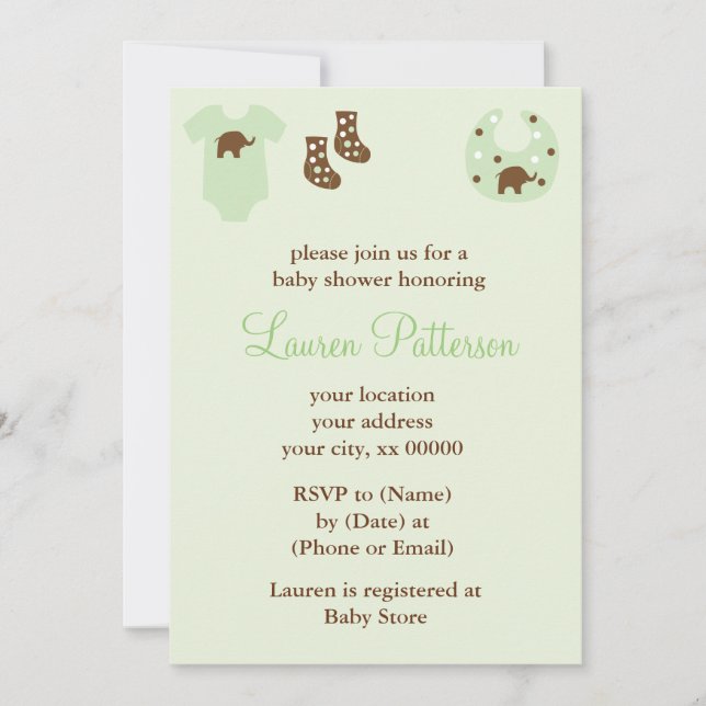 Invitation Vêtements de bébé verts Baby shower neutre (Devant)