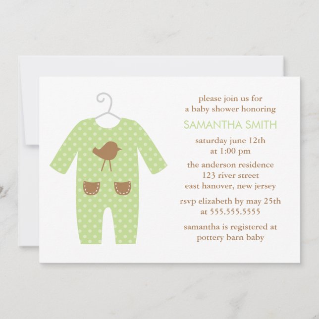 Invitation Vêtements de bébé verts Baby shower neutre pour le (Devant)