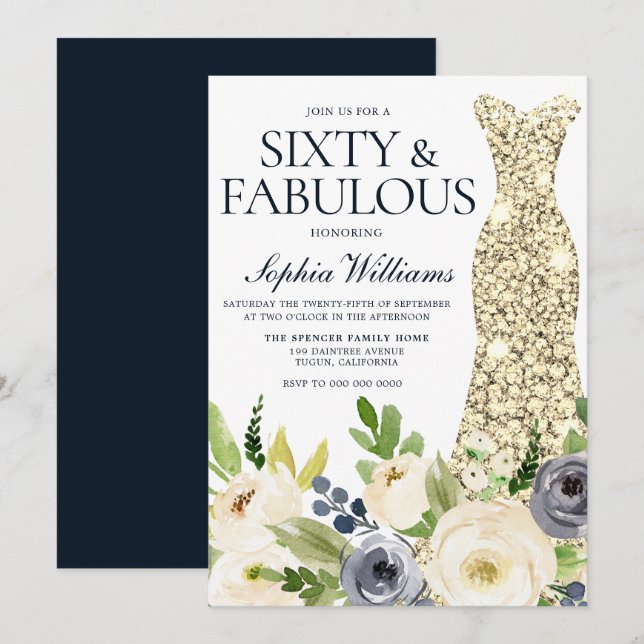 Invitation Vêtements d'or floral bleu marine et blanc 60e ann (Devant / Derrière)
