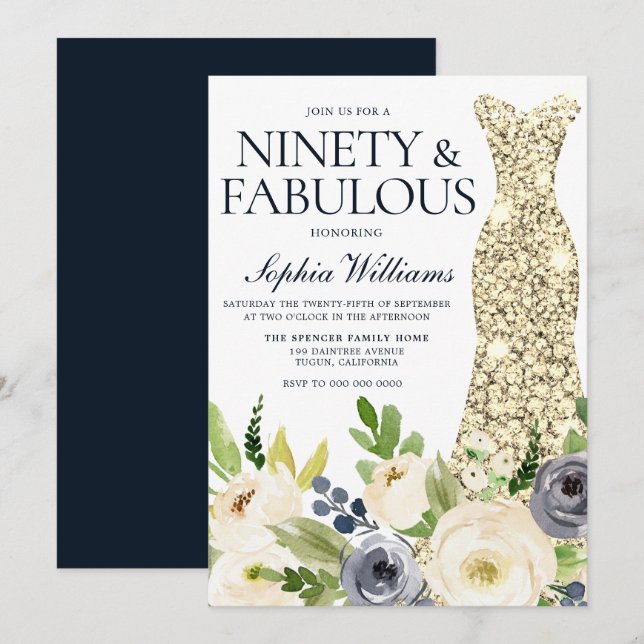 Invitation Vêtements d'or floral marine et blanc 90e annivers (Devant / Derrière)