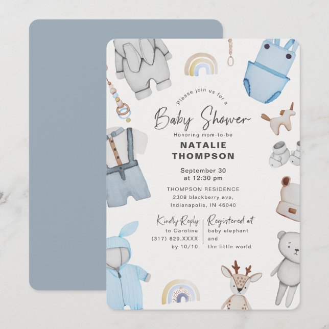 Invitation Vêtements et Jouets Bébé Bleu Filleul Baby Shower (Devant / Derrière)